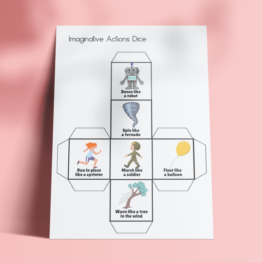 Free Printable Imaginative Actions Dice for Kids - KY designX