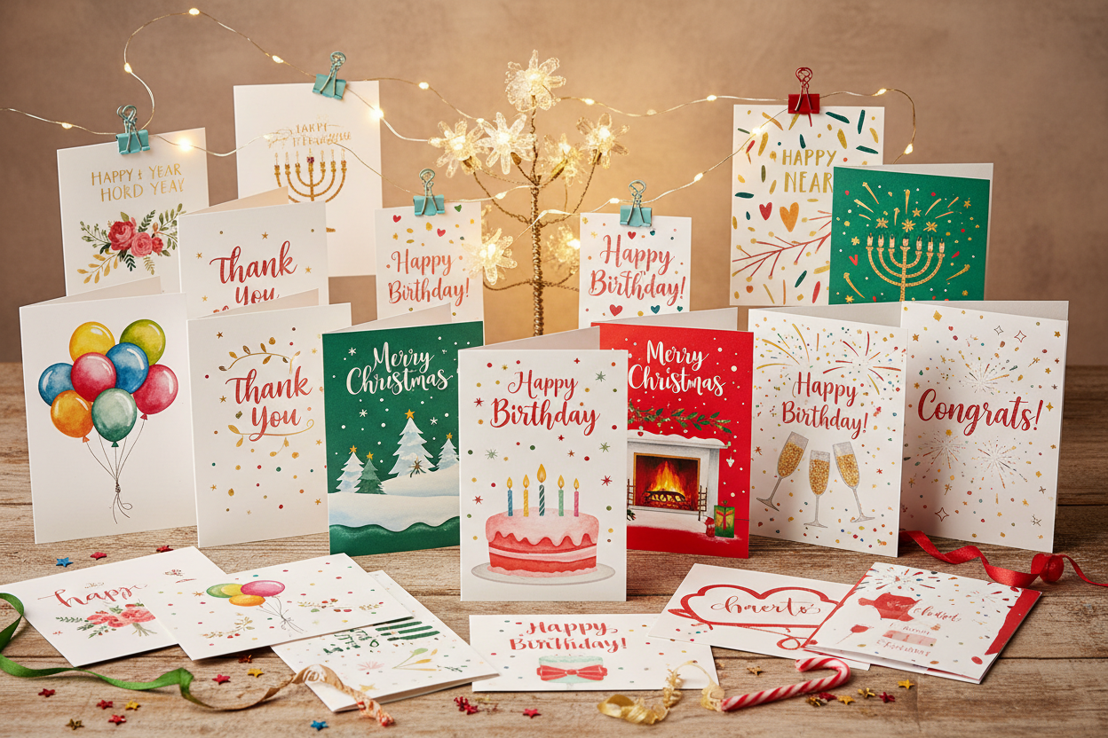 greeting cards arranged in a fun way ranging from christmas birthday etc