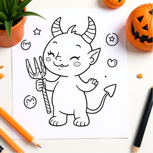 Coloring page of a cute cartoon devil with Halloween-themed decorations on a white surface.