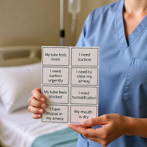 Person in blue scrubs holding cards with medical instructions in a hospital setting