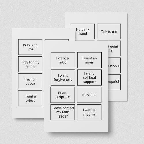 Hospital Communication Cards for Tracheostomy Patients with various phrases on a white background