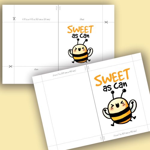 Two sheets of paper with a cartoon bee and text 'Sweet as can' on a beige background.