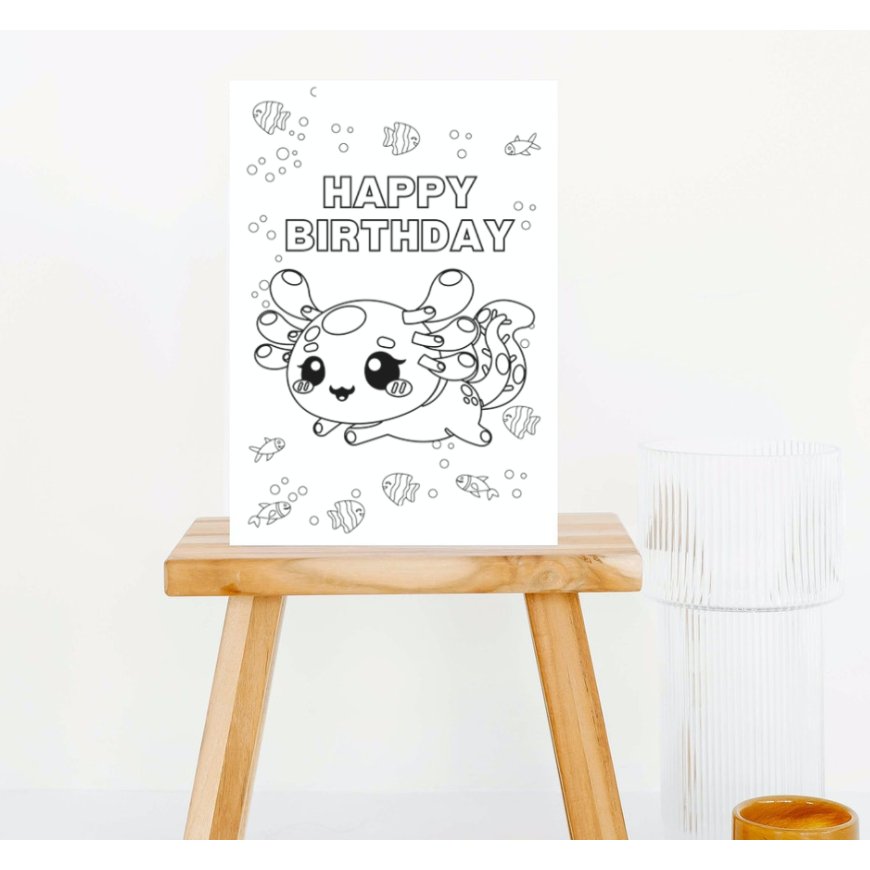 Kids cute fish coloring birthday card - KY designX