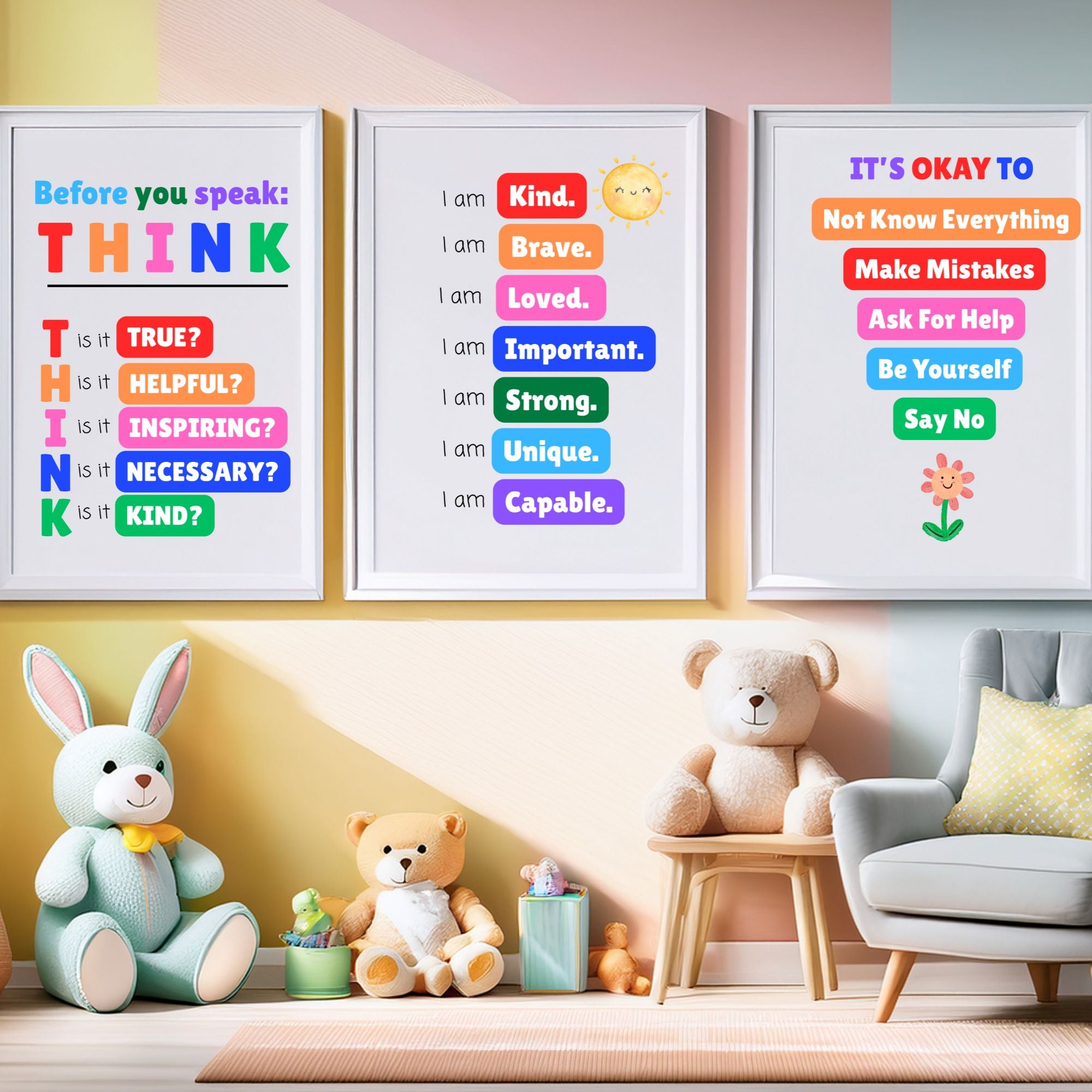 a set of three bright posters for kids in a kids bedroom