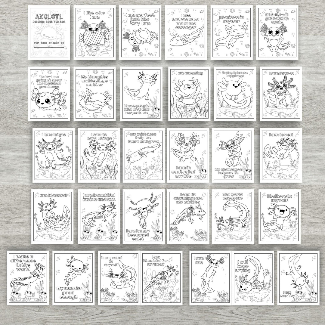 Printable Axolotl affirmations Coloring book - KY designX