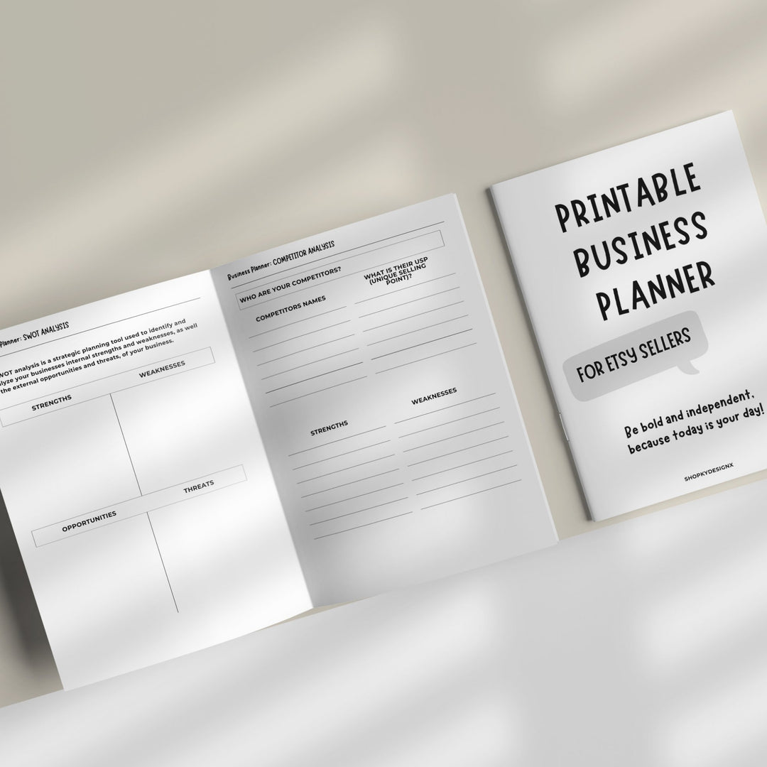 Printable Business Planner for Etsy Sellers on a white background - KY designX