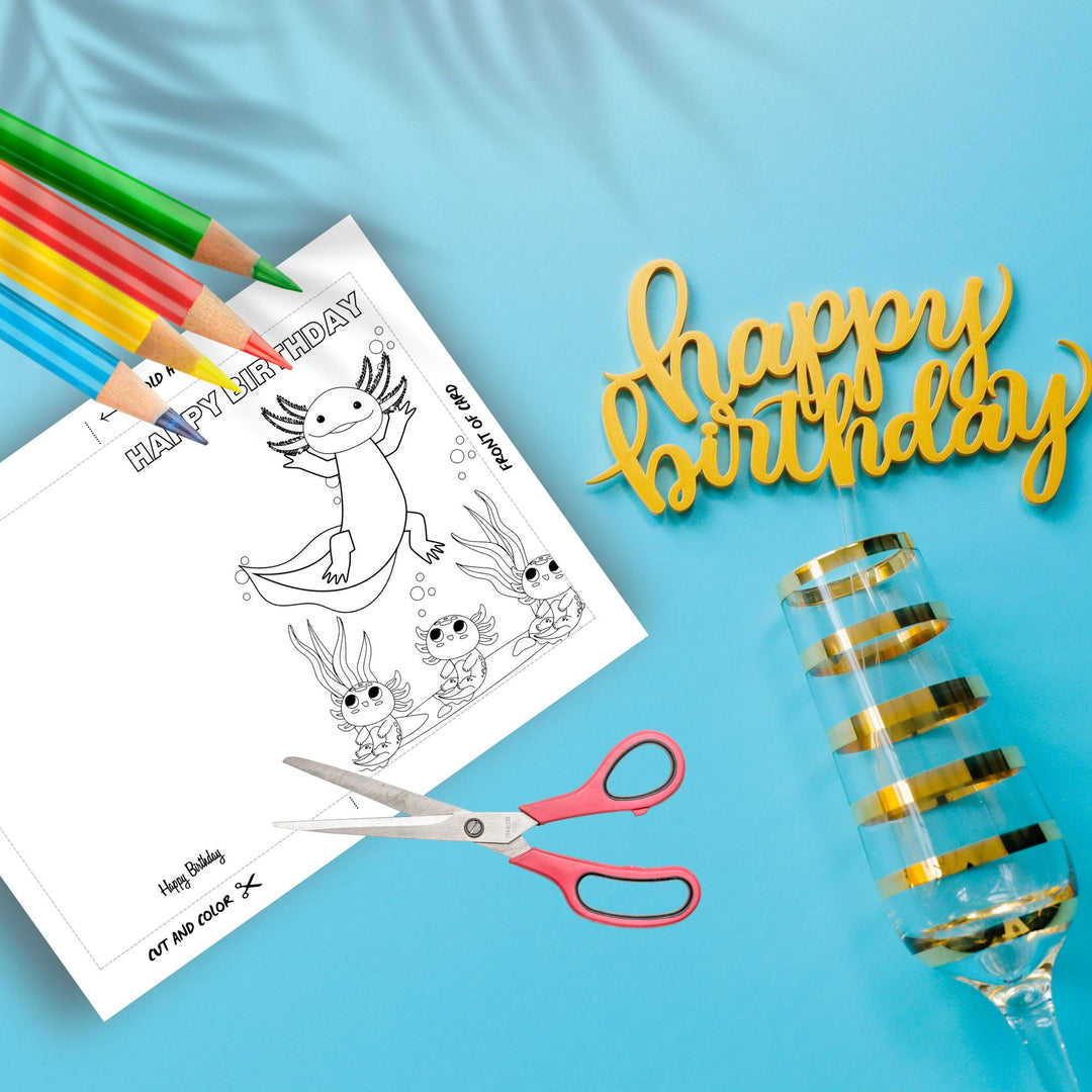 Printable coloring Axolotl birthday card - KY designX