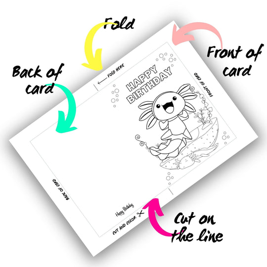 Printable Coloring Axolotl birthday cards - KY designX