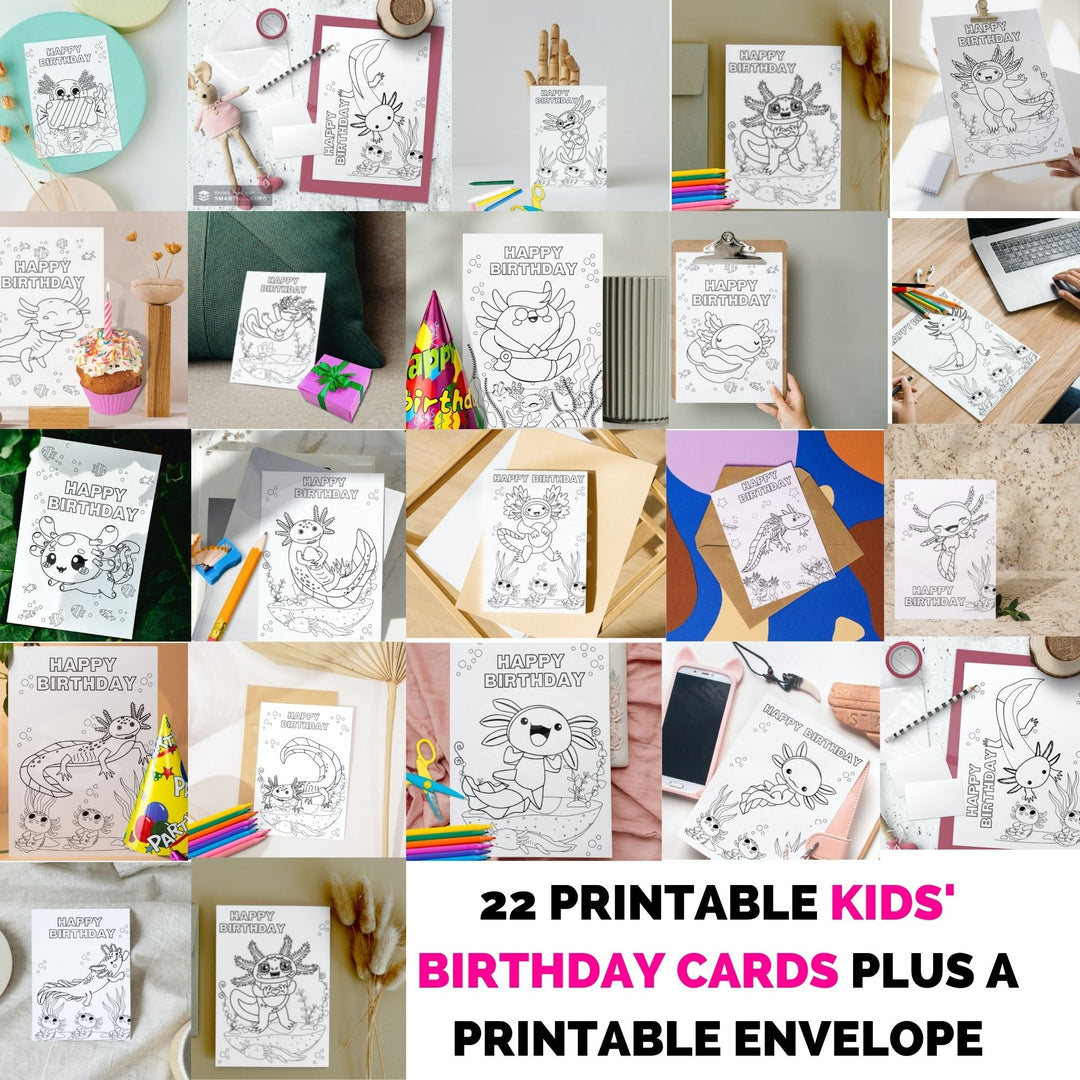 Printable Coloring Axolotl birthday cards - KY designX