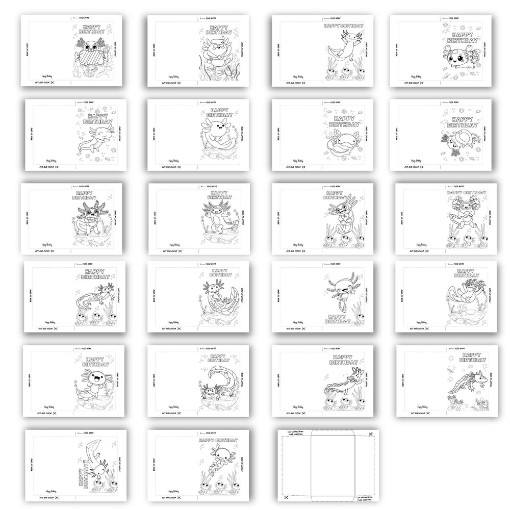 Printable Coloring Axolotl birthday cards - KY designX