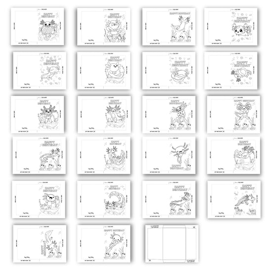 Printable Coloring Axolotl birthday cards - KY designX