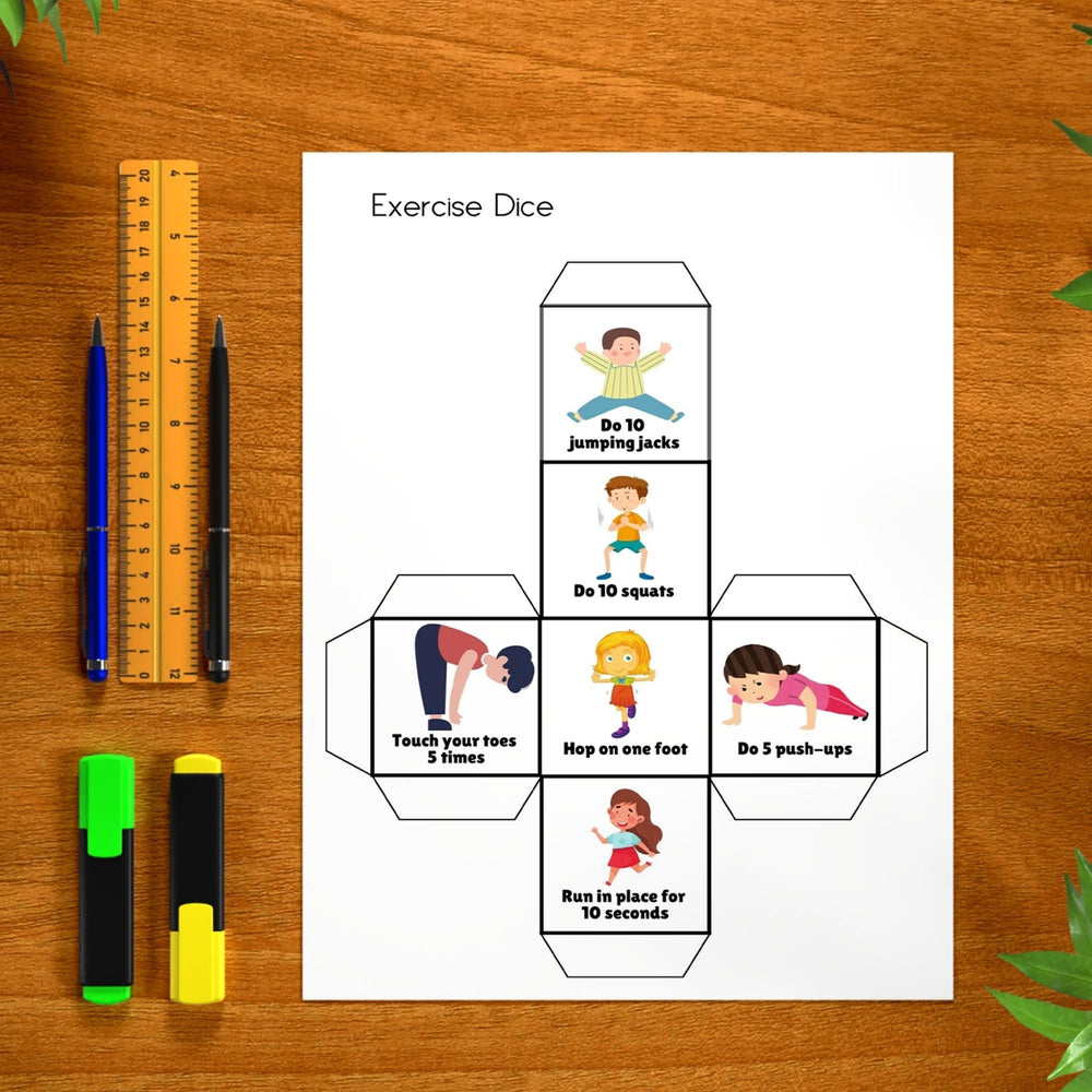 Printable exercise dice template for kids with simple movement activities for home or classroom use