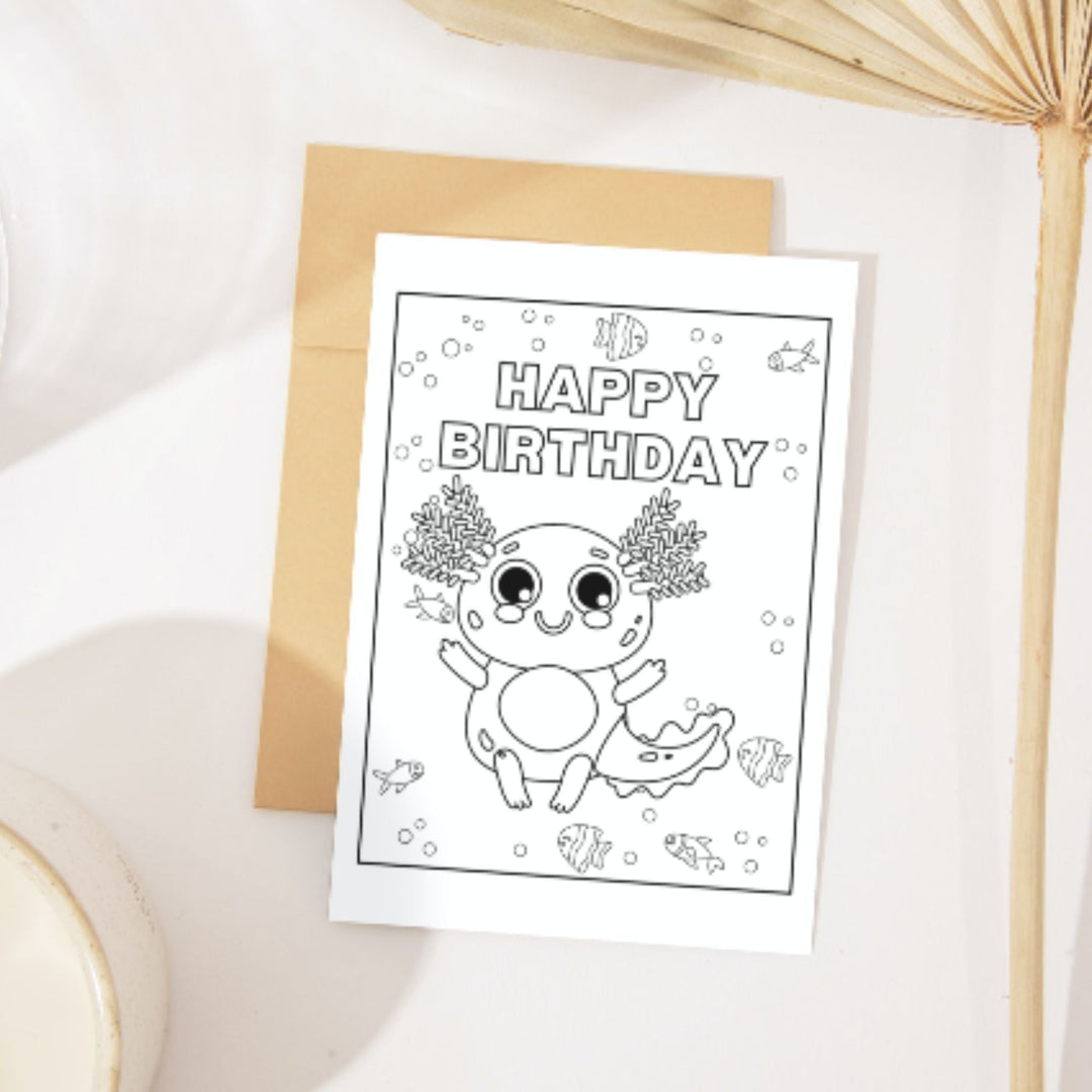 Printable Kids Axolotl Coloring Birthday Card - KY designX