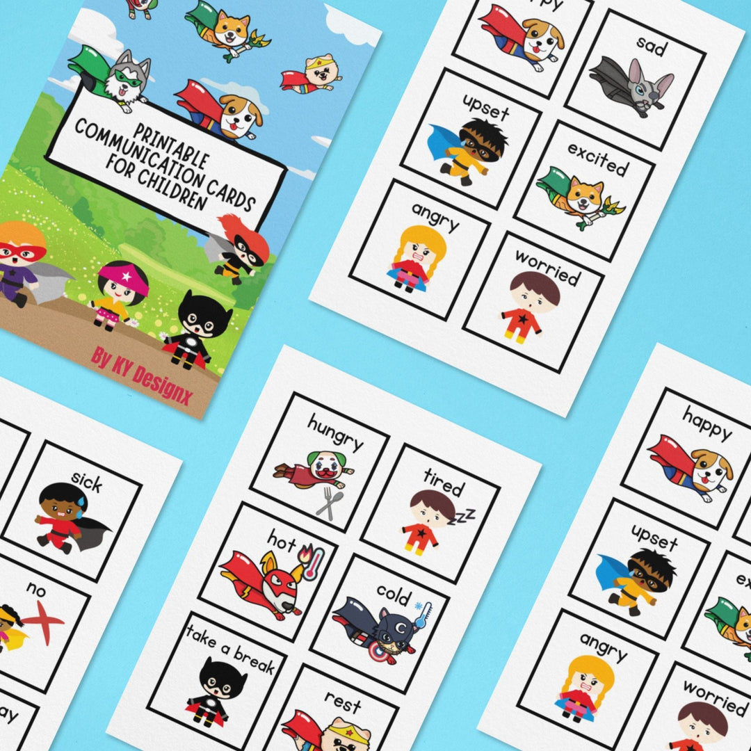 Printable superhero themed communication cards - KY designX