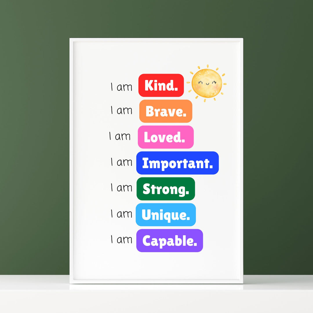 Emotional Support Wall Art for Kids in a white frame on a green background