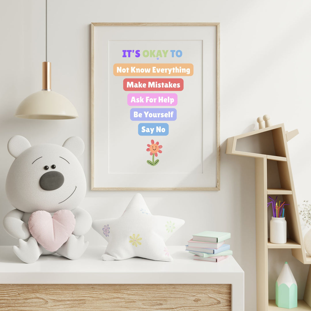 a kids poster in a room next to a cute soft toy with a desk, shelves
