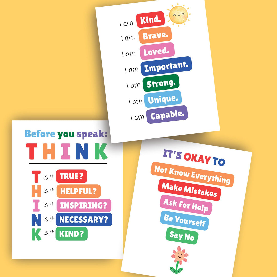 A set of three printable posters for children on a yellow background
