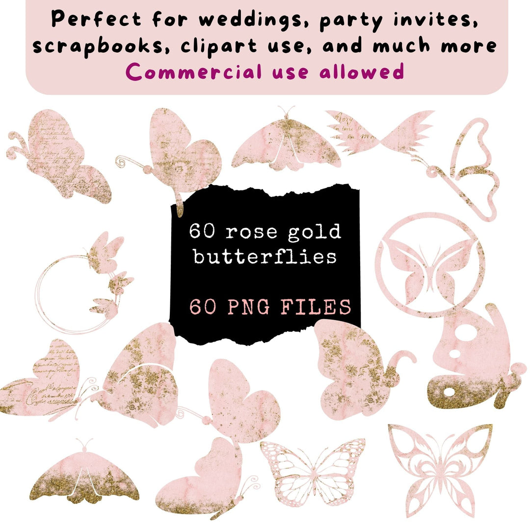 Rose gold glitter butterflies clipart - KY designX