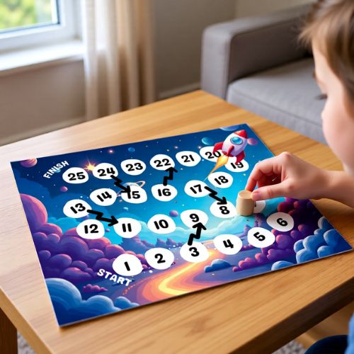 a child playing with a printable space game