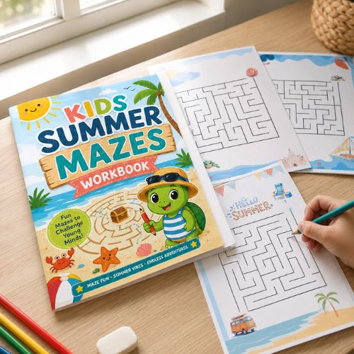 Children's Workbook with a child solving a maze on a wooden table.