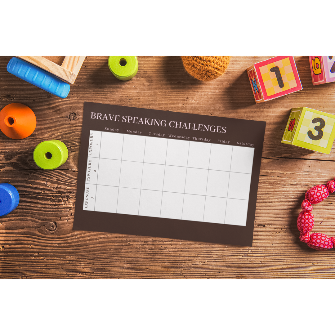 A brave speaking challengers worksheet on a woodern background with some woodern toys